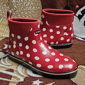 Kalkal Men's Size 11 Rain Deck Boots Waterproof Anti-Slip Polka Dots Red Black